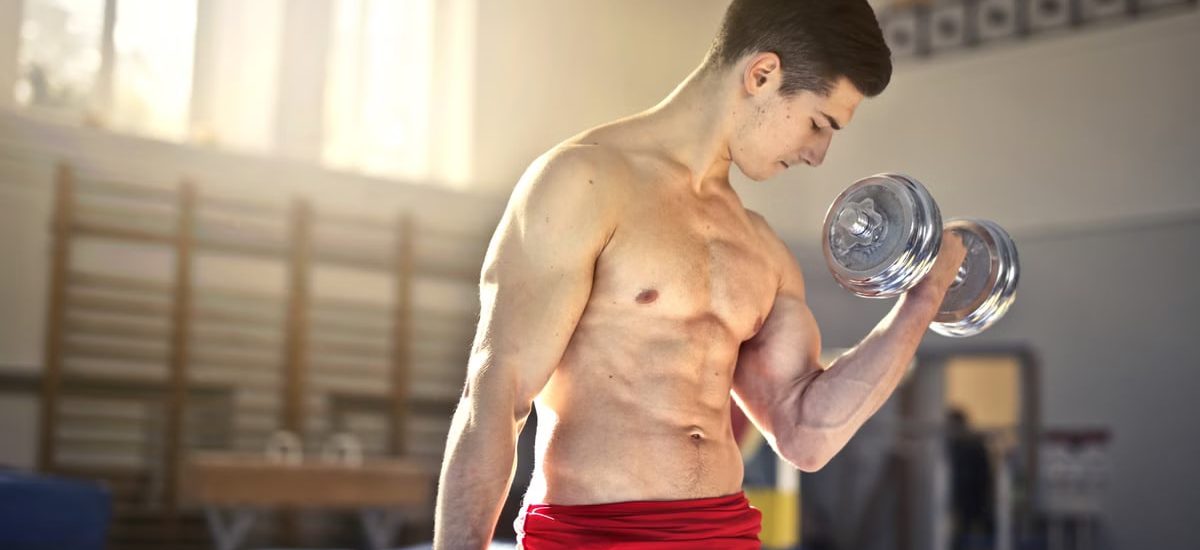 Fit man lifting dumbbells in gym, showcasing strength and muscular physique indoors.